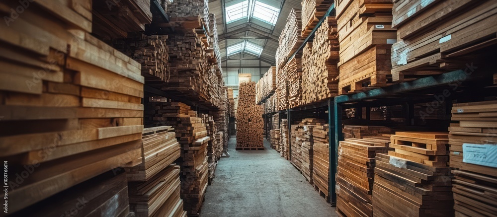 A narrow aisle in a lumber warehouse is lined with stacks of wood planks and pallets. A narrow aisle in a lumber warehouse is lined with stacks of wood planks and pallets.