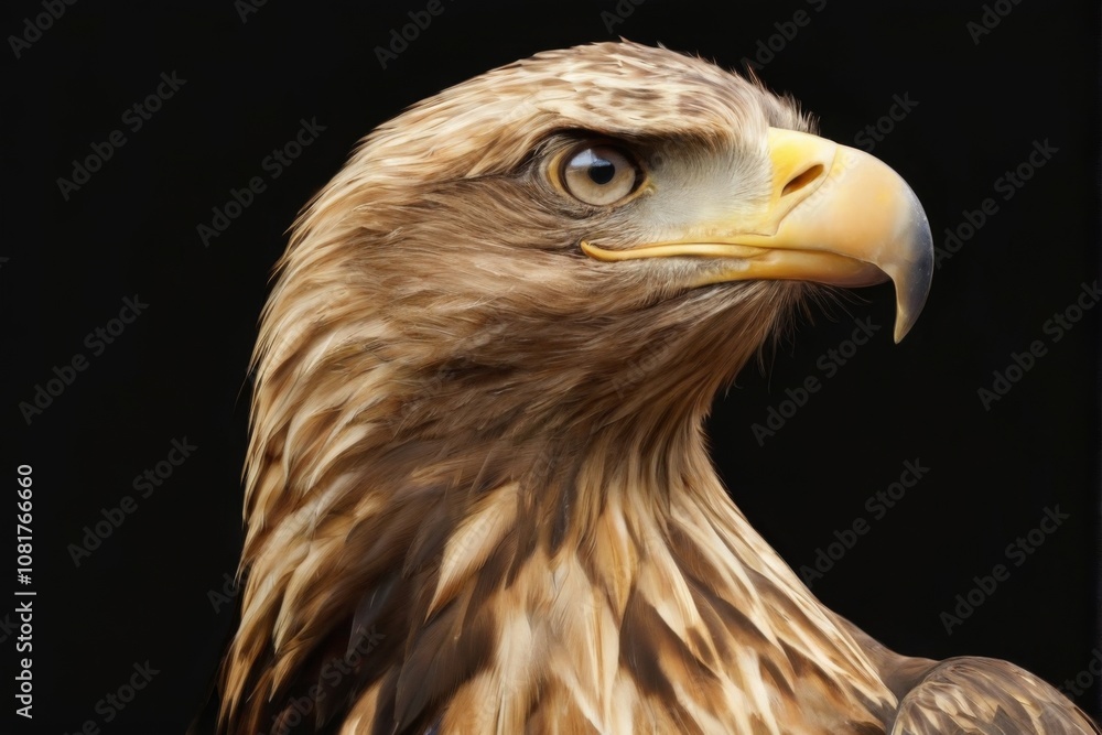 Fototapeta premium Golden-brown eagle close-up with piercing gaze, wings spread in dramatic portrait on black background.