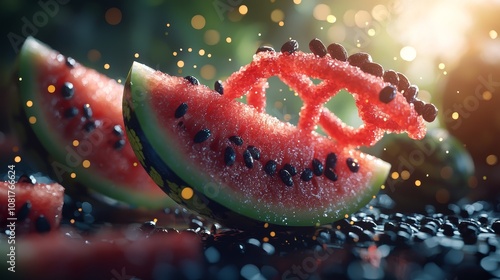 Watermelon DNA helix, vibrant glowing structure, fruit genetics exploration photo