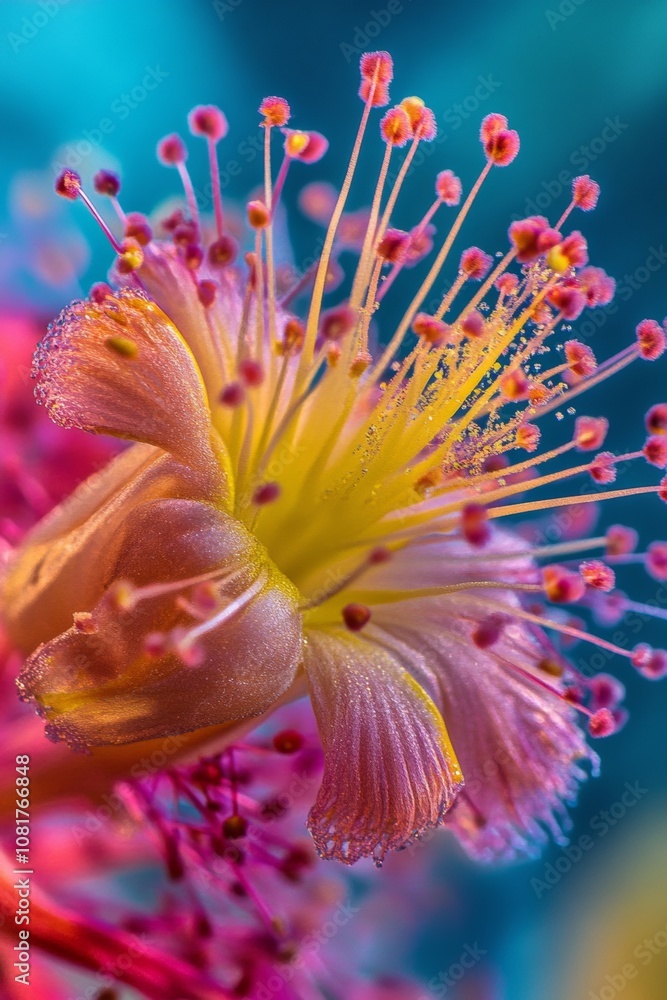 Fototapeta premium A stunning close-up view captures the vivid colors and intricate details of a flower, highlighting its unique structures and delicate features in a serene background
