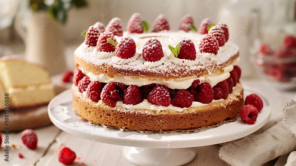 Raspberry jam and cream filling within an almond cake Raspberry jam and cream filling within an almond cake