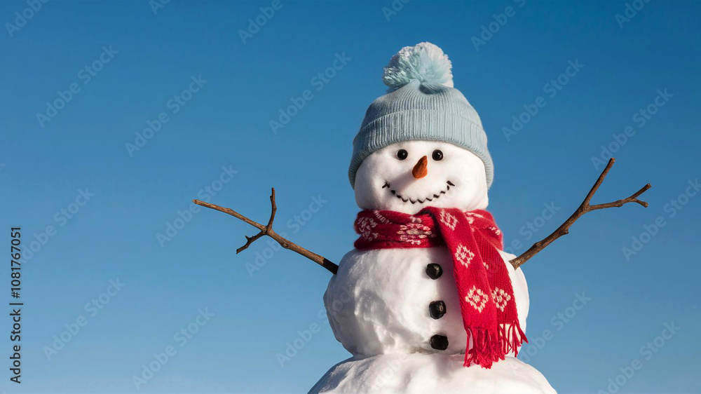 Obraz premium A charming snowman complete with a cozy red scarf and a fluffy blue hat smiles warmly as it stands against a bright blue background evoking the magic of winter.