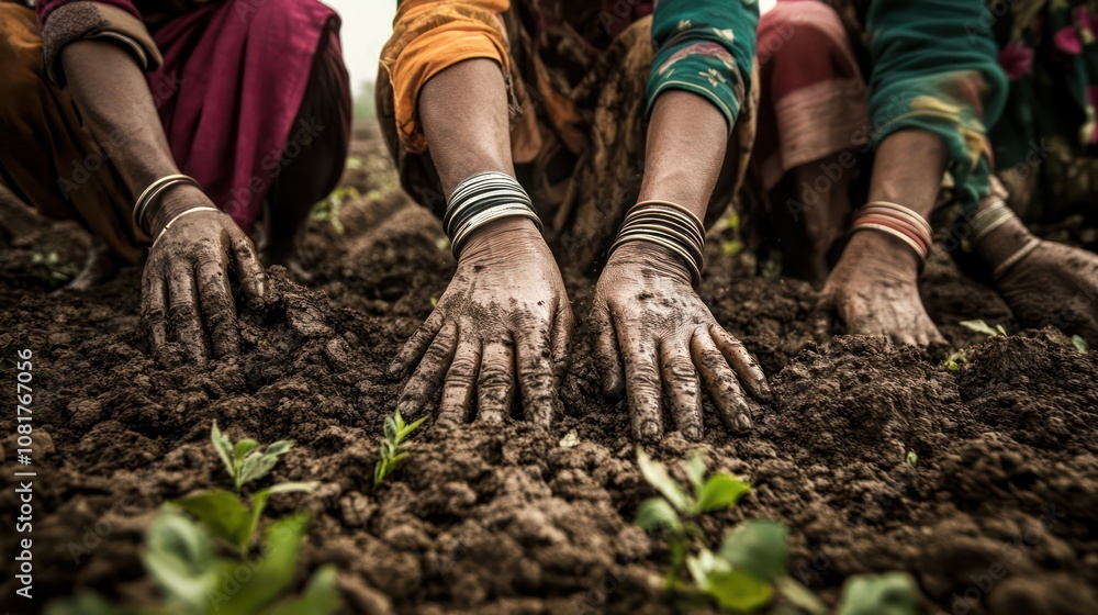 Hands of agricultural workers tilling the soil, showcasing the essence of rural life Hands of agricultural workers tilling the soil, showcasing the essence of rural life