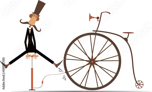 Cartoon man and a broken bicycle. Man in the top hat inflates the wheel of a retro bicycle. 
Long moustaches gentleman in the top hat inflates the wheel of a retro bicycle. Cartoon man repairs bicycle