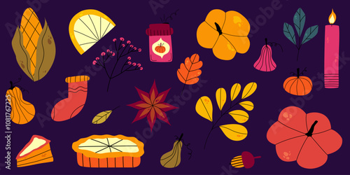 Thanksgiving autumn hygge set with pumpkin, leaf and coffee. Flat doodle elements for autumn thanksgiving design