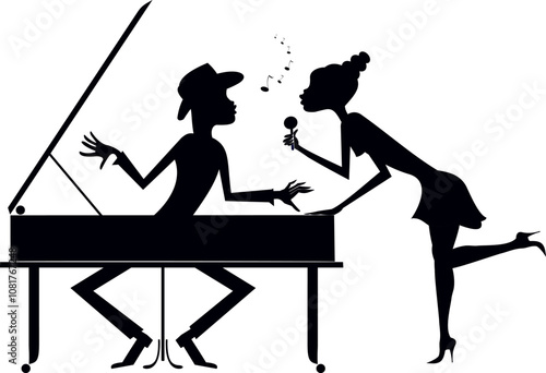 Couple musicians. Singer woman and pianist man. 
Duet of musicians. Singer woman standing near a piano and pianist man. Black on white silhouette

