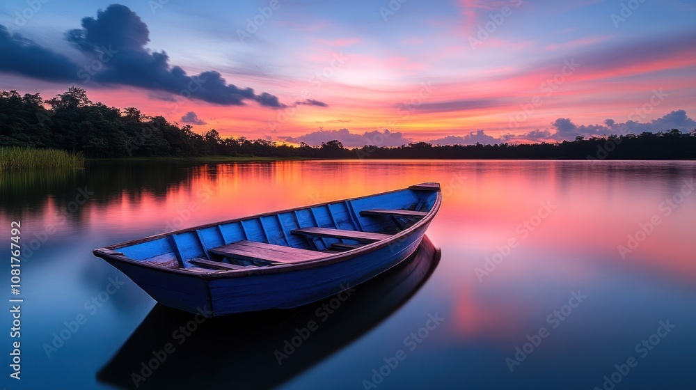 A small blue boat sits still on a lake, reflecting the colorful sunset sky. A small blue boat sits still on a lake, reflecting the colorful sunset sky.