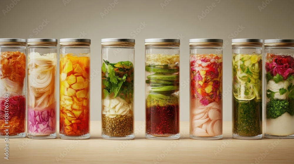 A collection of clear glass jars filled with an assortment of fermented foods like kimchi, pickled onions, and fruit preserves. A collection of clear glass jars filled with an assortment of fermented foods like kimchi, pickled onions, and fruit preserves.