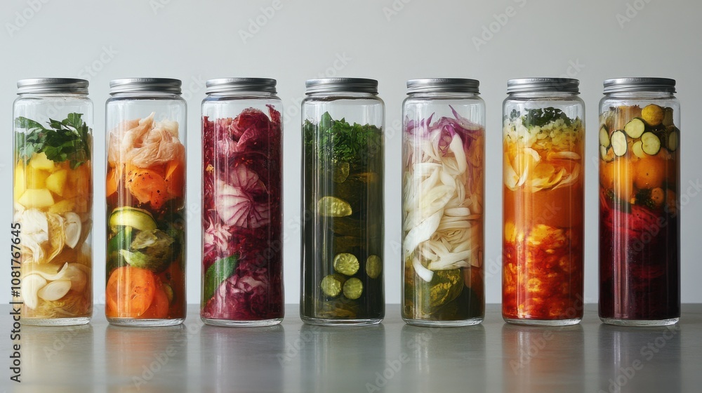 A collection of clear glass jars filled with an assortment of fermented foods like kimchi, pickled onions, and fruit preserves. A collection of clear glass jars filled with an assortment of fermented foods like kimchi, pickled onions, and fruit preserves.
