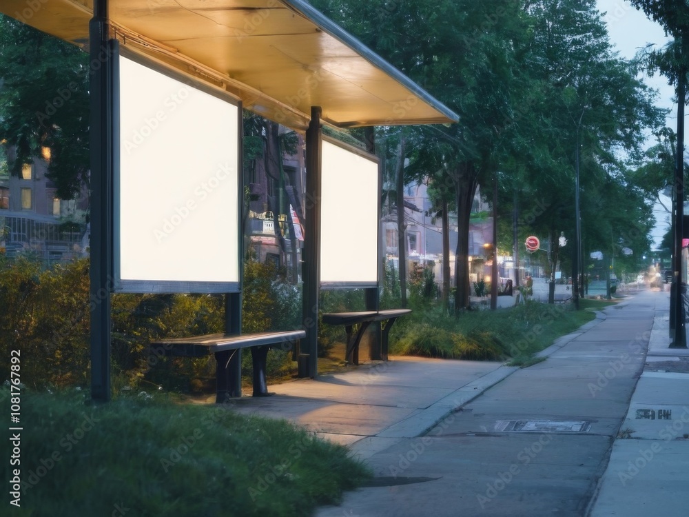 Nighttime Bus Stop with Empty Billboards, Trees, and Streetlights on Sidewalk Peaceful and Serene Urban Scene Nighttime Bus Stop with Empty Billboards, Trees, and Streetlights on Sidewalk Peaceful and Serene Urban Scene