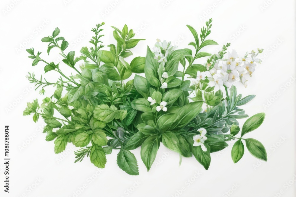 Elegant digital illustration of fresh herbs overlapping with glossy green leaves and small white flowers on white background. Elegant digital illustration of fresh herbs overlapping with glossy green leaves and small white flowers on white background.