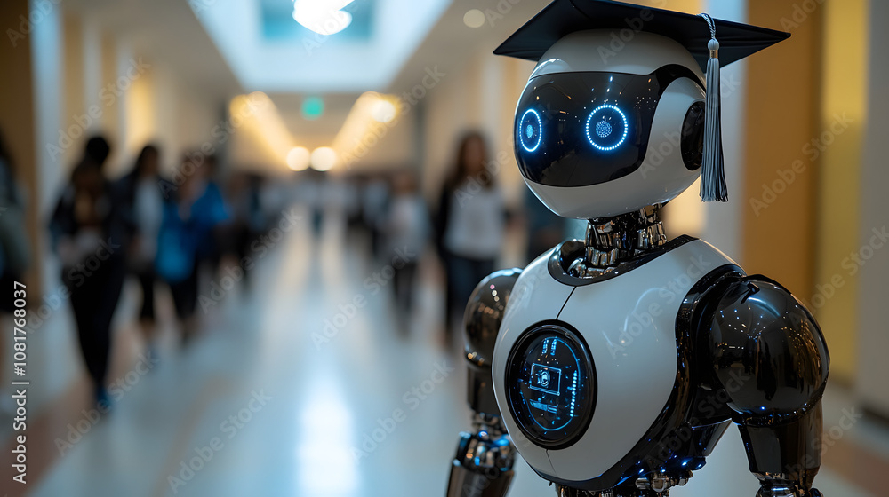 Humanoid robot wearing a graduation cap and gown, standing in a university setting as a symbol of AI and education.
Humanoid robot wearing a graduation cap and gown, standing in a university setting as a symbol of AI and education.