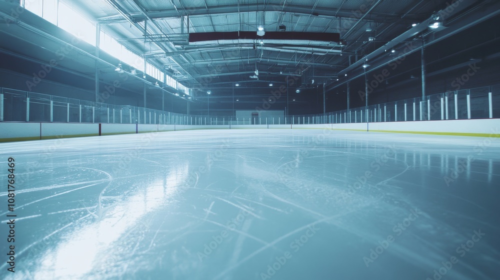 Fototapeta premium A hockey rink with ice surface, indoor setting with cool lighting, Crisp style