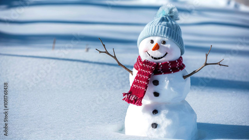 Classic holiday cheer in the form of a snowman with a red scarf blue knit hat and orange carrot nose set against a minimal blue background to highlight its winter charm. photo