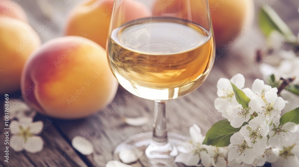 A glass of white peach wine rests on a wooden surface, next to ripe peaches and delicate white blossoms. The soft, golden hue of A glass of white peach wine rests on a wooden surface, next to ripe peaches and delicate white blossoms. The soft, golden hue of