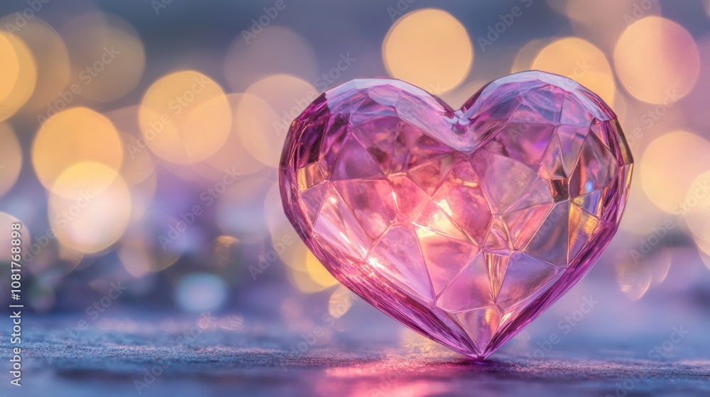 A glowing pink glass heart with intricate facets, emanating soft light against a romantic purple bokeh background, symbolizing A glowing pink glass heart with intricate facets, emanating soft light against a romantic purple bokeh background, symbolizing