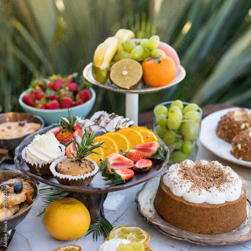 Elegant Dessert Table Featuring a Variety of Vegan and Gluten-Free Baked Goods, Fresh Fruits, and Whipped Coconut Cream Garnishes for a Healthy Sweet Treat Elegant Dessert Table Featuring a Variety of Vegan and Gluten-Free Baked Goods, Fresh Fruits, and Whipped Coconut Cream Garnishes for a Healthy Sweet Treat