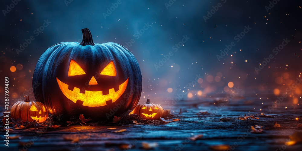 Spooky Halloween Pumpkin with Glowing Face on Dark Background for Festive Decorations Spooky Halloween Pumpkin with Glowing Face on Dark Background for Festive Decorations