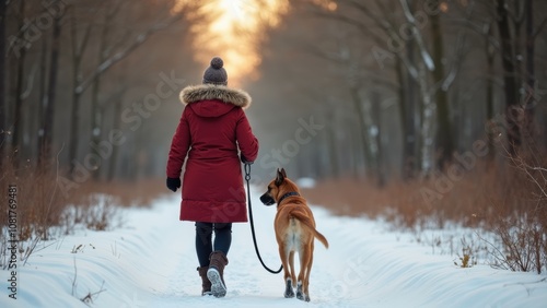 A person in a red coat walks their dog on a snow-covered trail through a tranquil forest as the sun sets, casting a warm glow among the trees