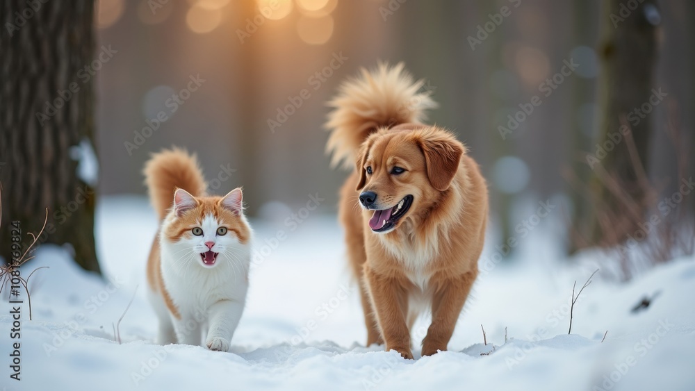 A lively dog and a curious cat explore a snowy forest together as the sun sets, casting a warm golden light through the trees A lively dog and a curious cat explore a snowy forest together as the sun sets, casting a warm golden light through the trees