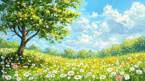 Sunny meadow with a tree and flowers.