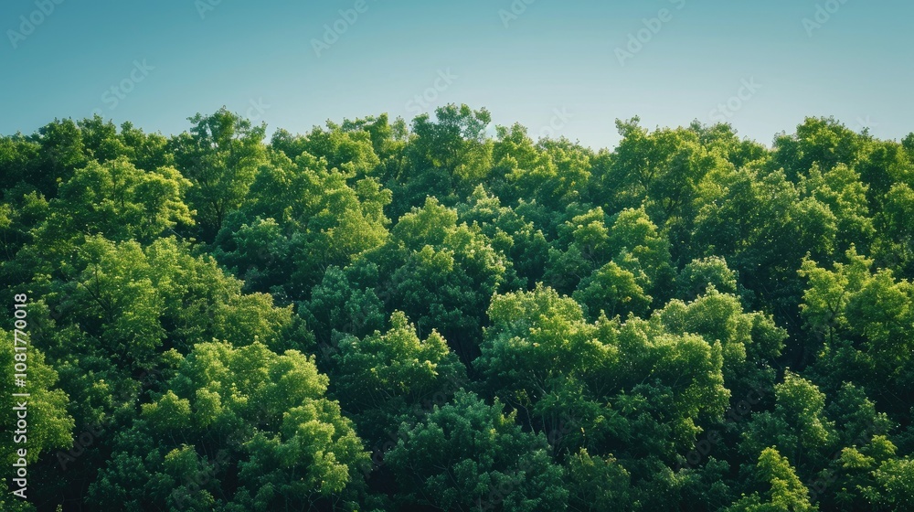 Lush green forest canopy under a clear blue sky Lush green forest canopy under a clear blue sky