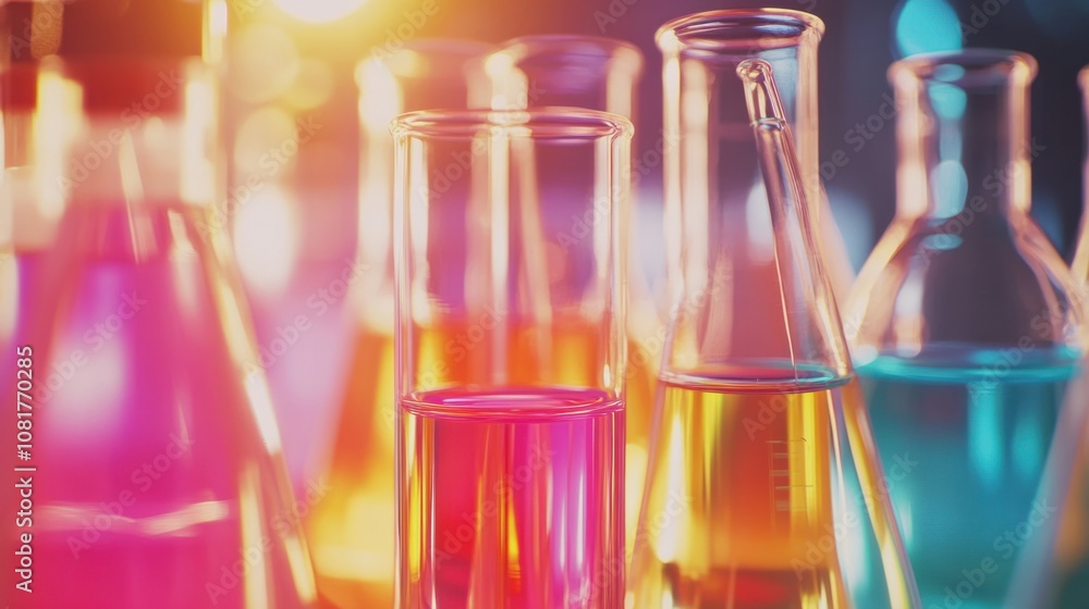 Scientific lab background with glass beakers, pipettes, and colorful chemical solutions Scientific lab background with glass beakers, pipettes, and colorful chemical solutions