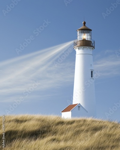 A tall lighthouse stands on a grassy hill under a clear blue sky, with its light beam illuminating the surroundings.