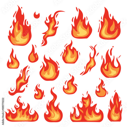 Set of burning fire or flame vector illustrations . Yellow burn power fiery silhouettes. Cartoon hot flaming blaze icon collection.