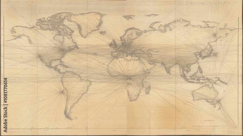 A historical world map displaying shipping routes and navigational lines. A historical world map displaying shipping routes and navigational lines.