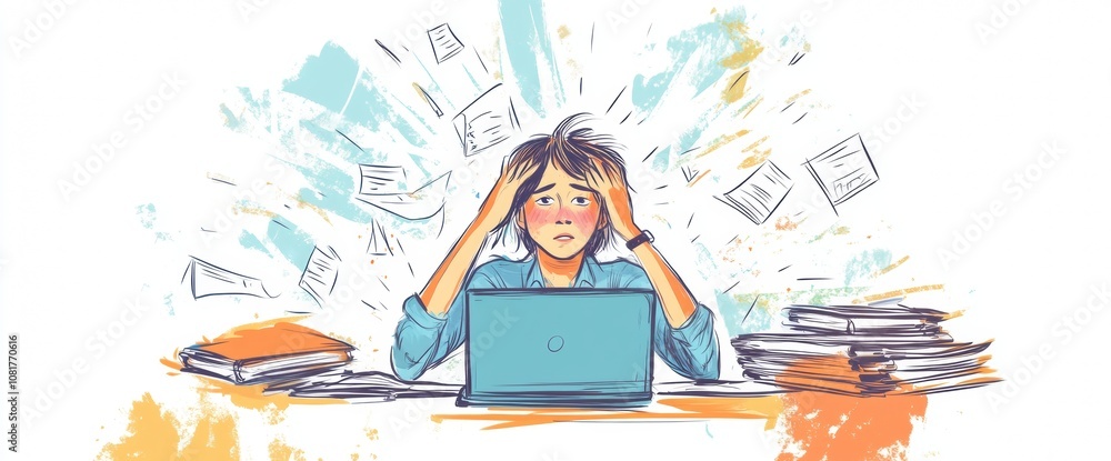 An individual appears stressed while working at a cluttered desk surrounded by piles of documents and papers, focusing on a laptop, illustrating the challenges of modern work life An individual appears stressed while working at a cluttered desk surrounded by piles of documents and papers, focusing on a laptop, illustrating the challenges of modern work life