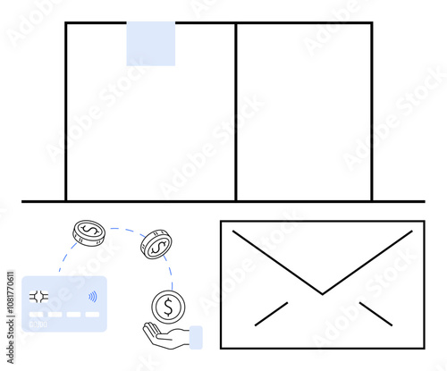 Digital card and hand with coins indicating online payment, screen with email notification, document. Ideal for fintech, e-commerce, invoicing, banking, online transactions, digital payments