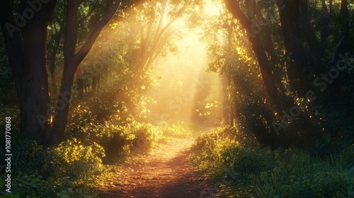 Sunlit Pathway Through a Mystical Forest Surrounded by Glowing Greenery and Warm Light