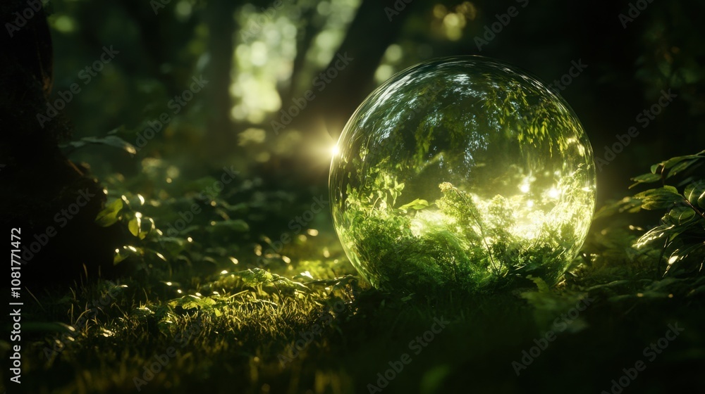 A radiant Earth inside a glass sphere glowing softly, surrounded by lush green forest, symbolizing ecological awareness and nature A radiant Earth inside a glass sphere glowing softly, surrounded by lush green forest, symbolizing ecological awareness and nature