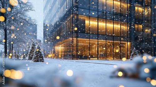 A sleek, modern office building with floor-to-ceiling windows glowing warmly in a snowy urban landscape, with festive lights