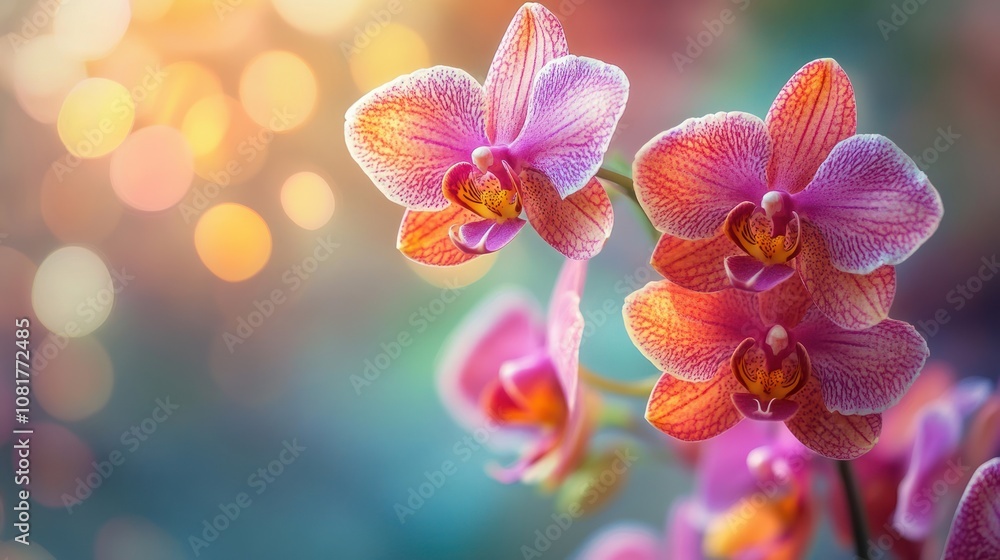 Close-up of vibrant pink and orange orchids with a bokeh background. Close-up of vibrant pink and orange orchids with a bokeh background.