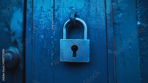 Classic metal padlock secured on a weathered blue wooden door in the mid-afternoon light