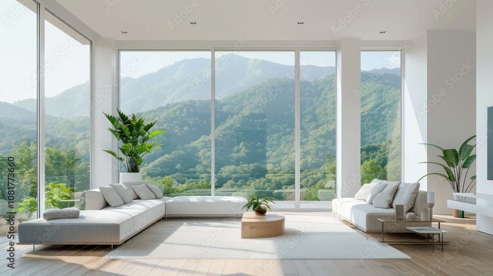 Fototapeta premium Light-filled minimalist living room with floor-to-ceiling windows