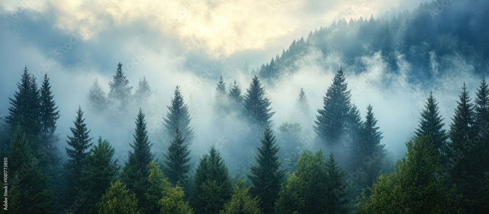 Fototapeta premium Misty mountain forest with tall pine trees and clouds.