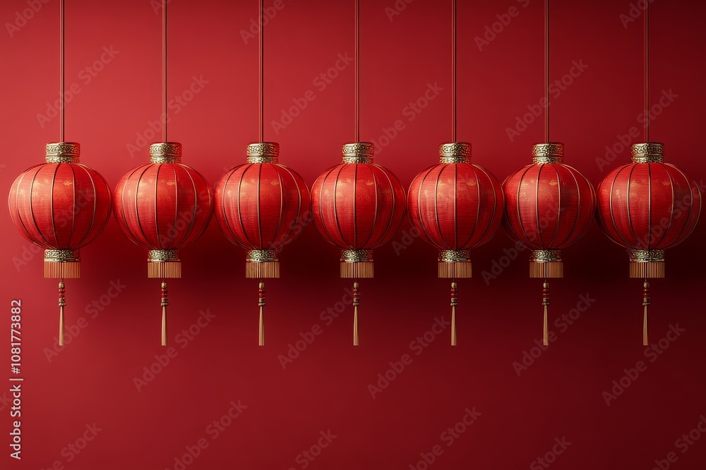 Chinese New Year red lanterns with golden elements on a simple red background, festive and traditional design with symmetrical composition. Chinese New Year red lanterns with golden elements on a simple red background, festive and traditional design with symmetrical composition.