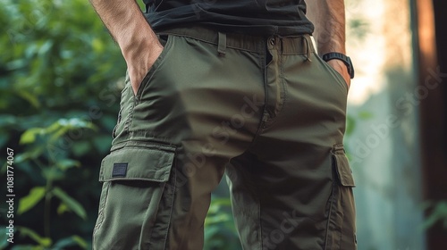 Casual outdoor setting featuring a person wearing cargo pants and a black shirt amidst lush greenery during daylight hours