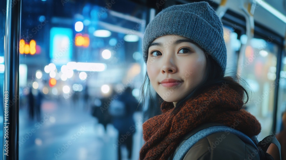 Close-up of an Asian woman boarding a public bus at a busy city station, holding a bag with a calm expression as she begins her Close-up of an Asian woman boarding a public bus at a busy city station, holding a bag with a calm expression as she begins her