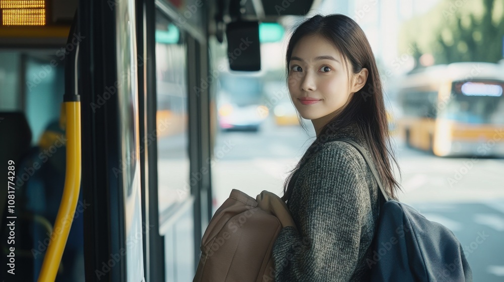 Close-up of an Asian woman boarding a public bus at a busy city station, holding a bag with a calm expression as she begins her Close-up of an Asian woman boarding a public bus at a busy city station, holding a bag with a calm expression as she begins her