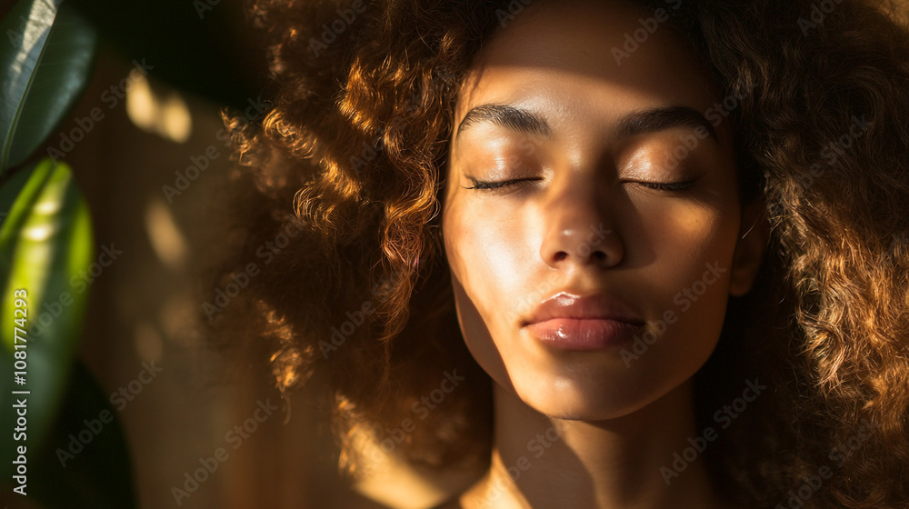 Fototapeta premium A woman with curly hair in natural light enjoying a serene moment indoors surrounded by plants