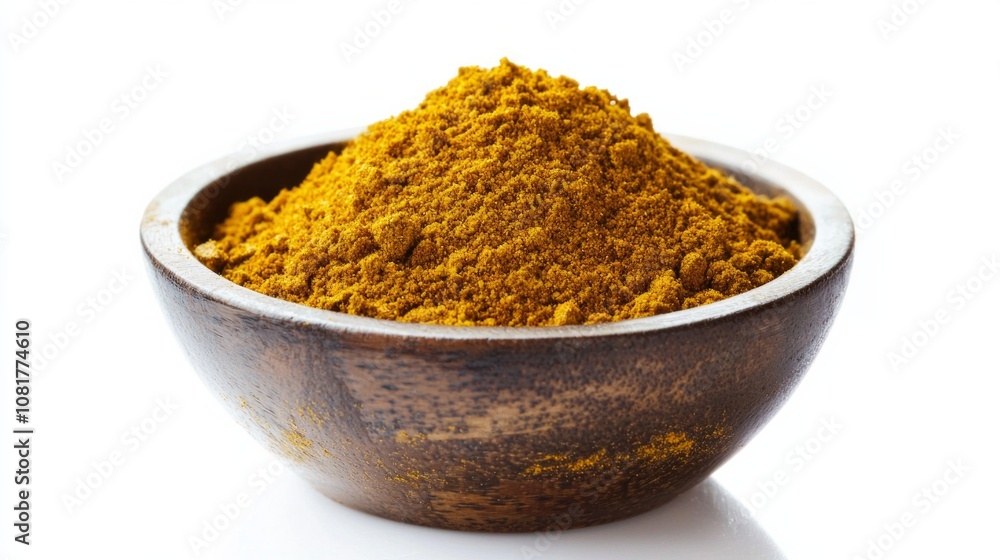 A detailed view of a bowl filled with vibrant yellow curry powder showcased on a white background A detailed view of a bowl filled with vibrant yellow curry powder showcased on a white background