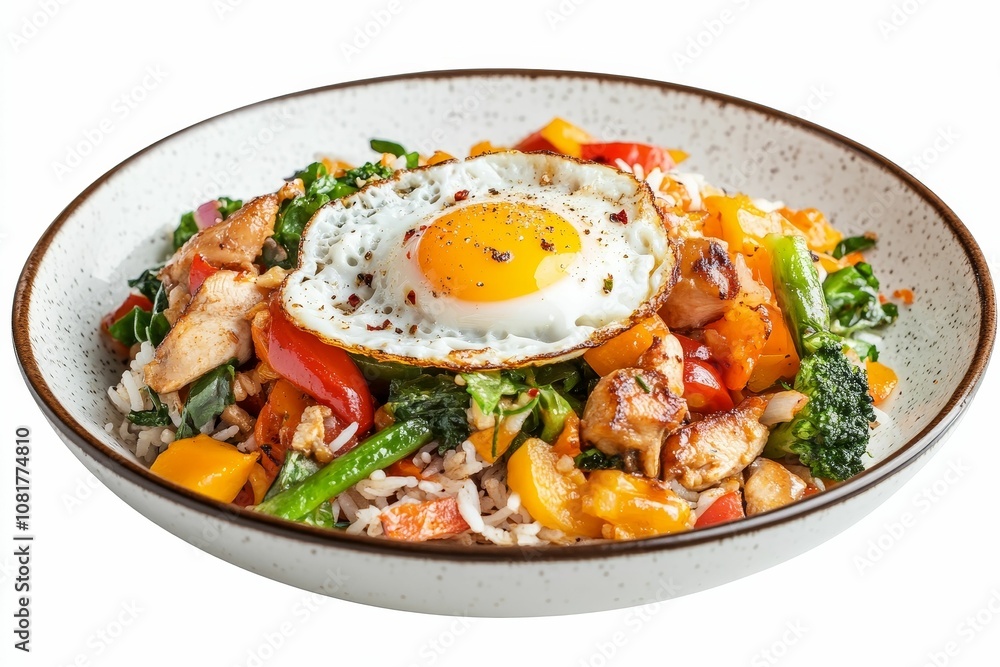Fried egg with chicken, rice, and vegetables in a bowl. Fried egg with chicken, rice, and vegetables in a bowl.
