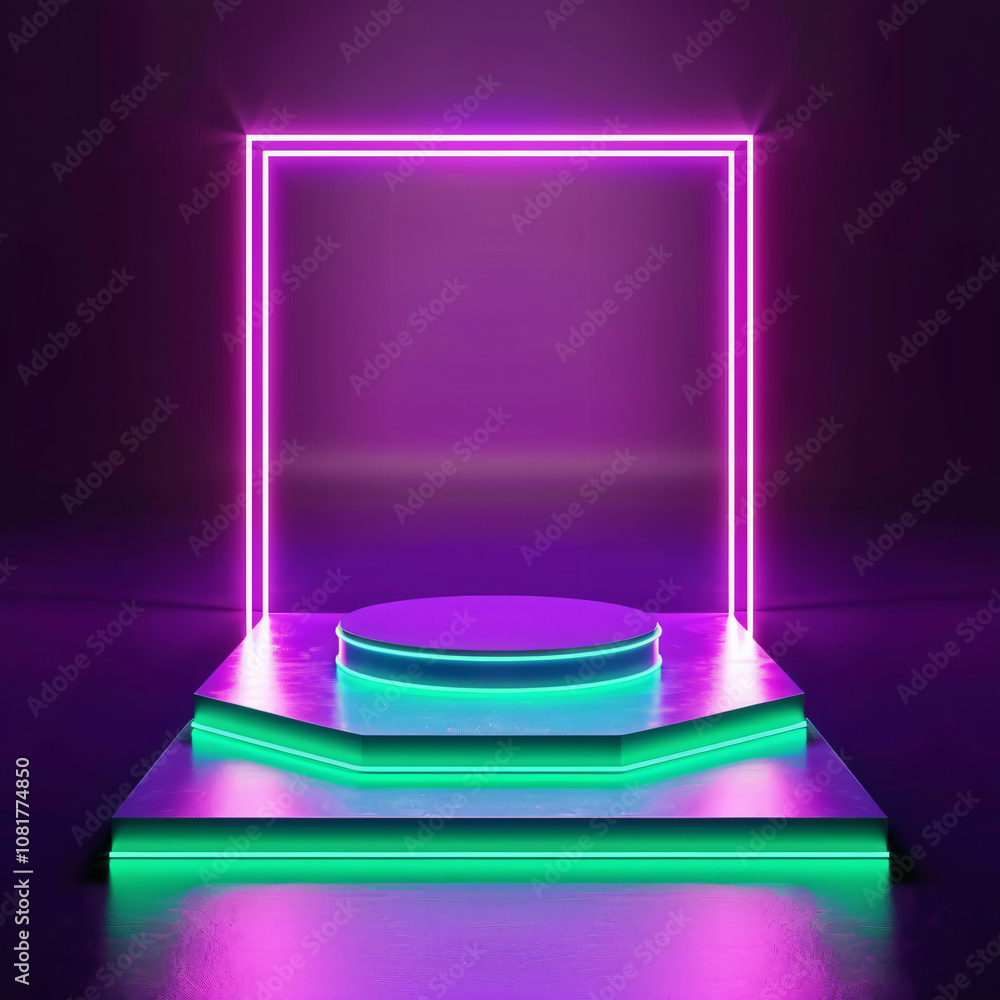 Abstract background with a glowing neon display podium Abstract background with a glowing neon display podium