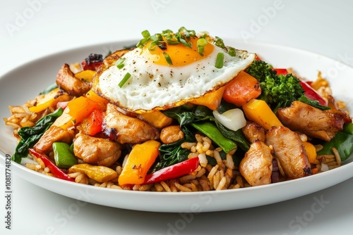 Fried rice, chicken, egg, and vegetables.