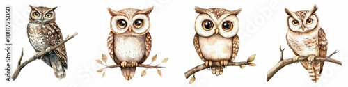 Four artistic owl illustrations perched on branches, showcasing unique designs and expressions with a natural, earthy color palette. photo