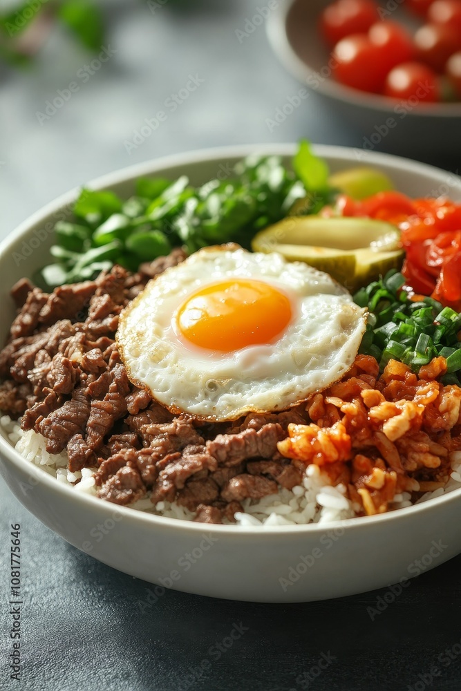 A bowl of rice with meat, egg, and vegetables. A bowl of rice with meat, egg, and vegetables.
